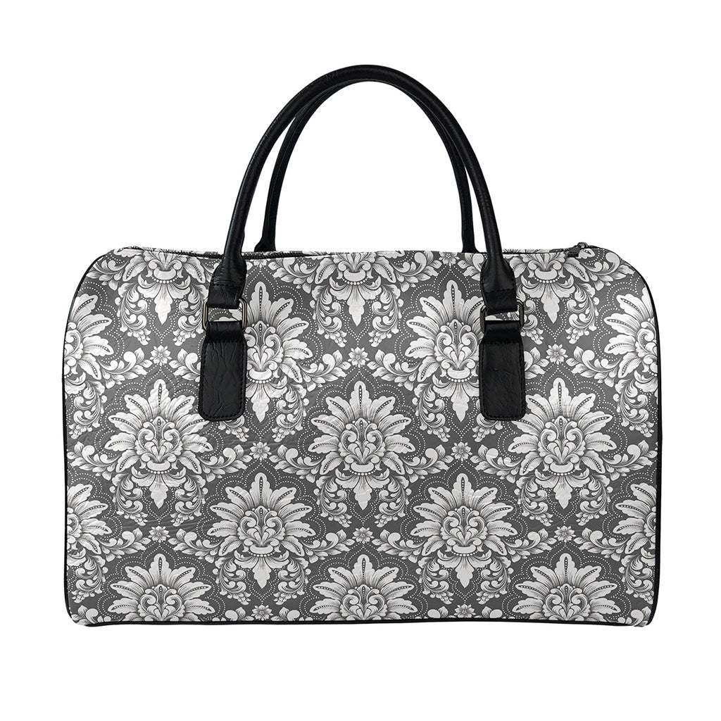 Grey Damask Pattern Print Leather Duffle Bag