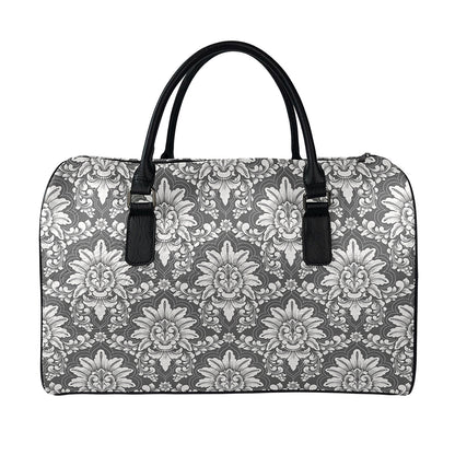 Grey Damask Pattern Print Leather Duffle Bag