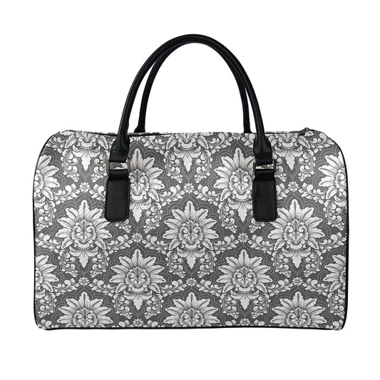 Grey Damask Pattern Print Leather Duffle Bag