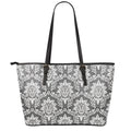 Grey Damask Pattern Print Leather Tote Bag With Zipper