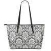 Grey Damask Pattern Print Leather Tote Bag