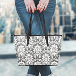 Grey Damask Pattern Print Leather Tote Bag