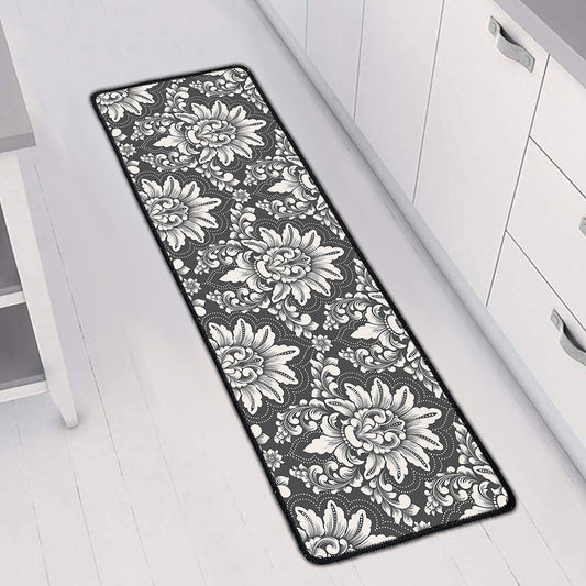 Grey Damask Pattern Print Long Kitchen Mat