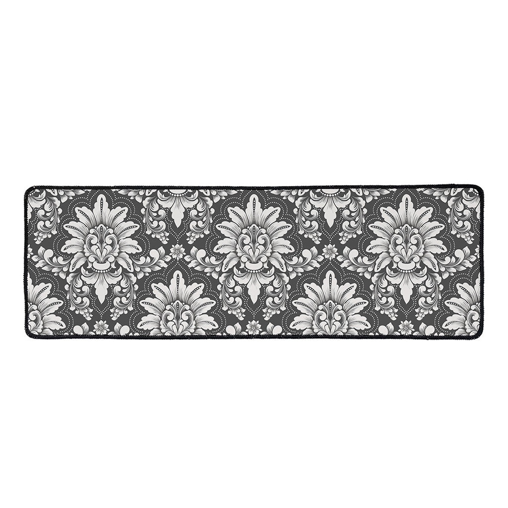 Grey Damask Pattern Print Long Kitchen Mat