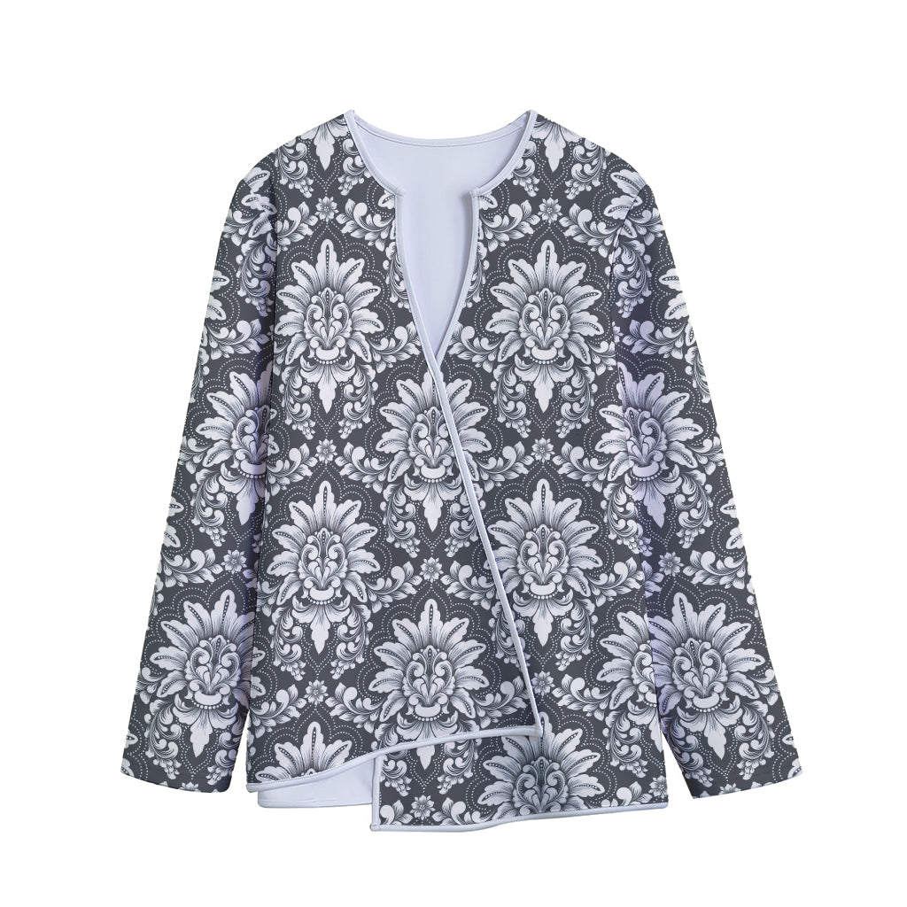 Grey Damask Pattern Print Long Sleeve Short Coat