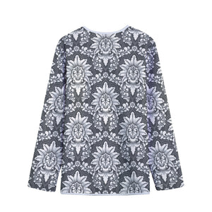 Grey Damask Pattern Print Long Sleeve Short Coat