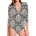 Grey Damask Pattern Print Long Sleeve Swimsuit