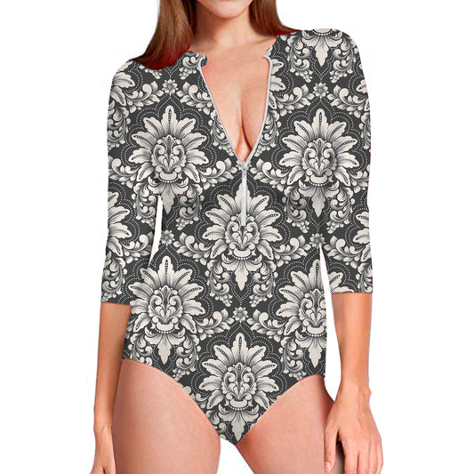 Grey Damask Pattern Print Long Sleeve Swimsuit