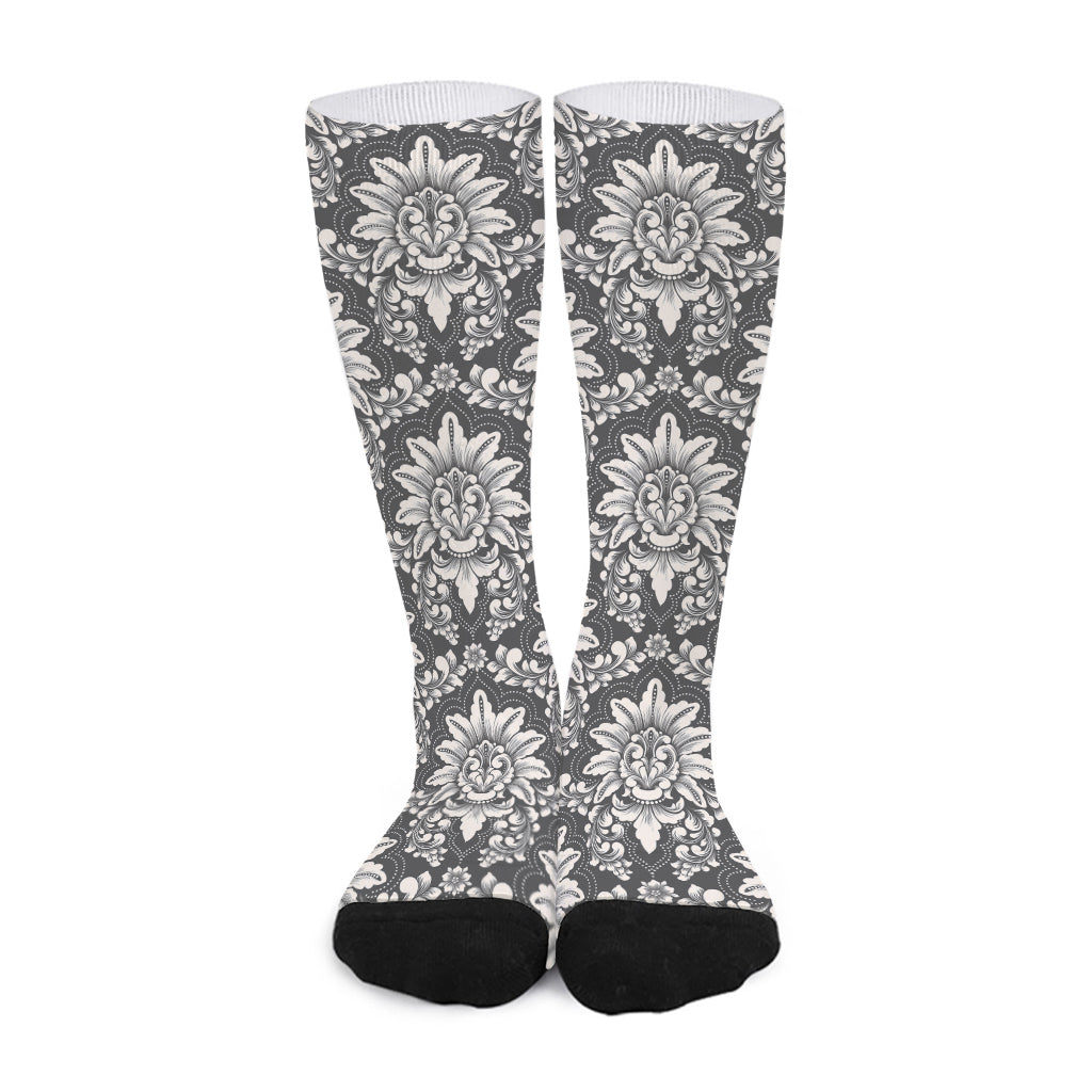 Grey Damask Pattern Print Long Socks