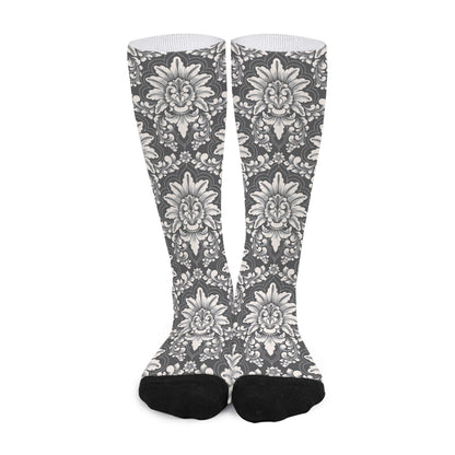 Grey Damask Pattern Print Long Socks
