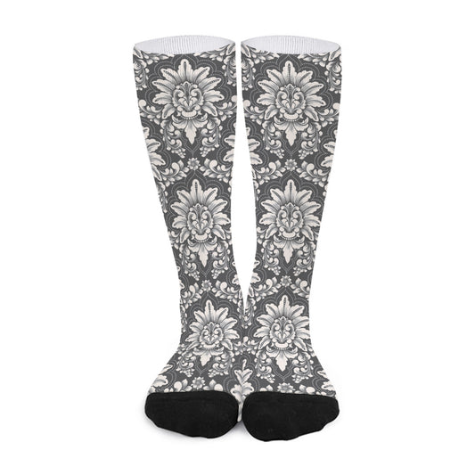 Grey Damask Pattern Print Long Socks