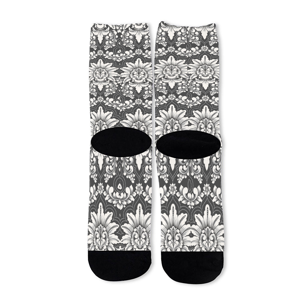 Grey Damask Pattern Print Long Socks