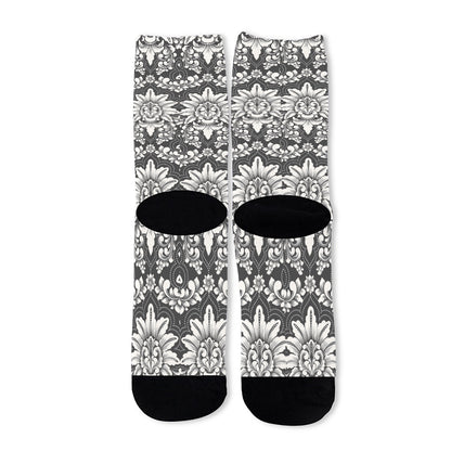 Grey Damask Pattern Print Long Socks