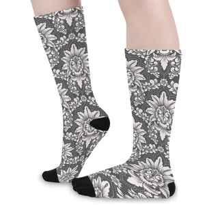 Grey Damask Pattern Print Long Socks