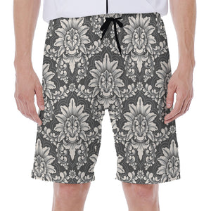 Grey Damask Pattern Print Men's Beach Shorts