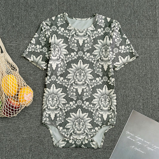 Grey Damask Pattern Print Men's Bodysuit