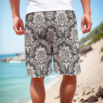 Grey Damask Pattern Print Men's Cargo Shorts