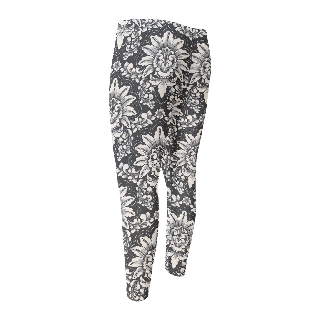 Grey Damask Pattern Print Men's Compression Pants