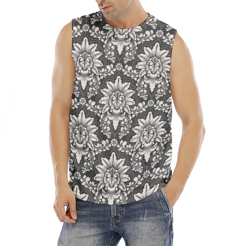 Grey Damask Pattern Print Men's Fitness Tank Top