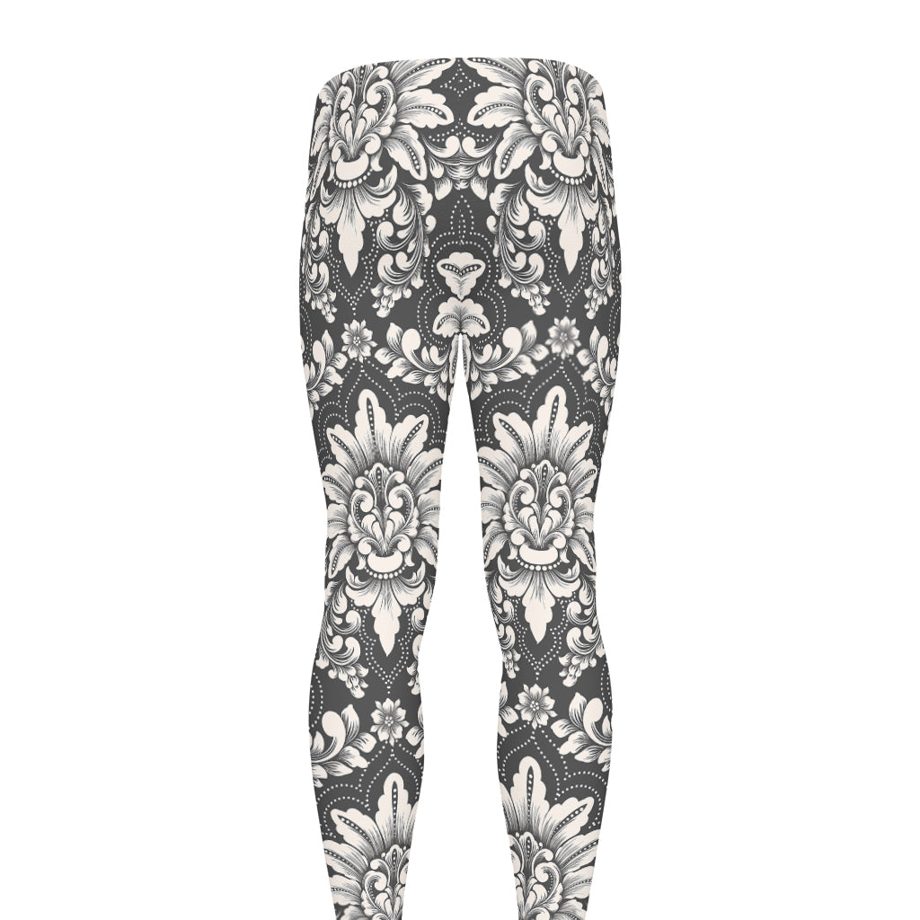 Grey Damask Pattern Print Men's leggings