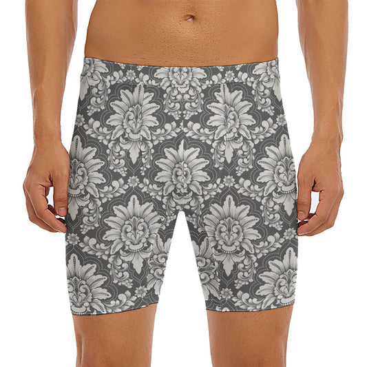 Grey Damask Pattern Print Men's Long Boxer Briefs