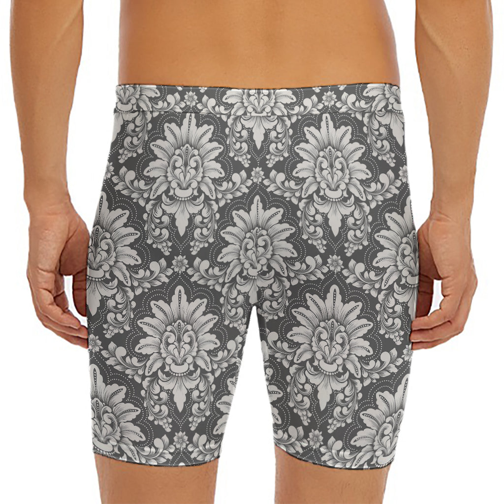 Grey Damask Pattern Print Men's Long Boxer Briefs