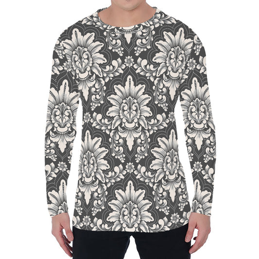 Grey Damask Pattern Print Men's Long Sleeve T-Shirt