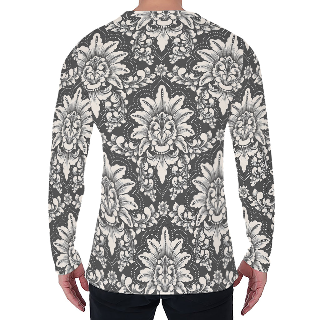 Grey Damask Pattern Print Men's Long Sleeve T-Shirt