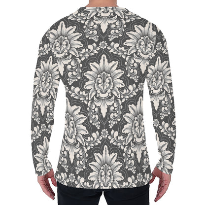 Grey Damask Pattern Print Men's Long Sleeve T-Shirt