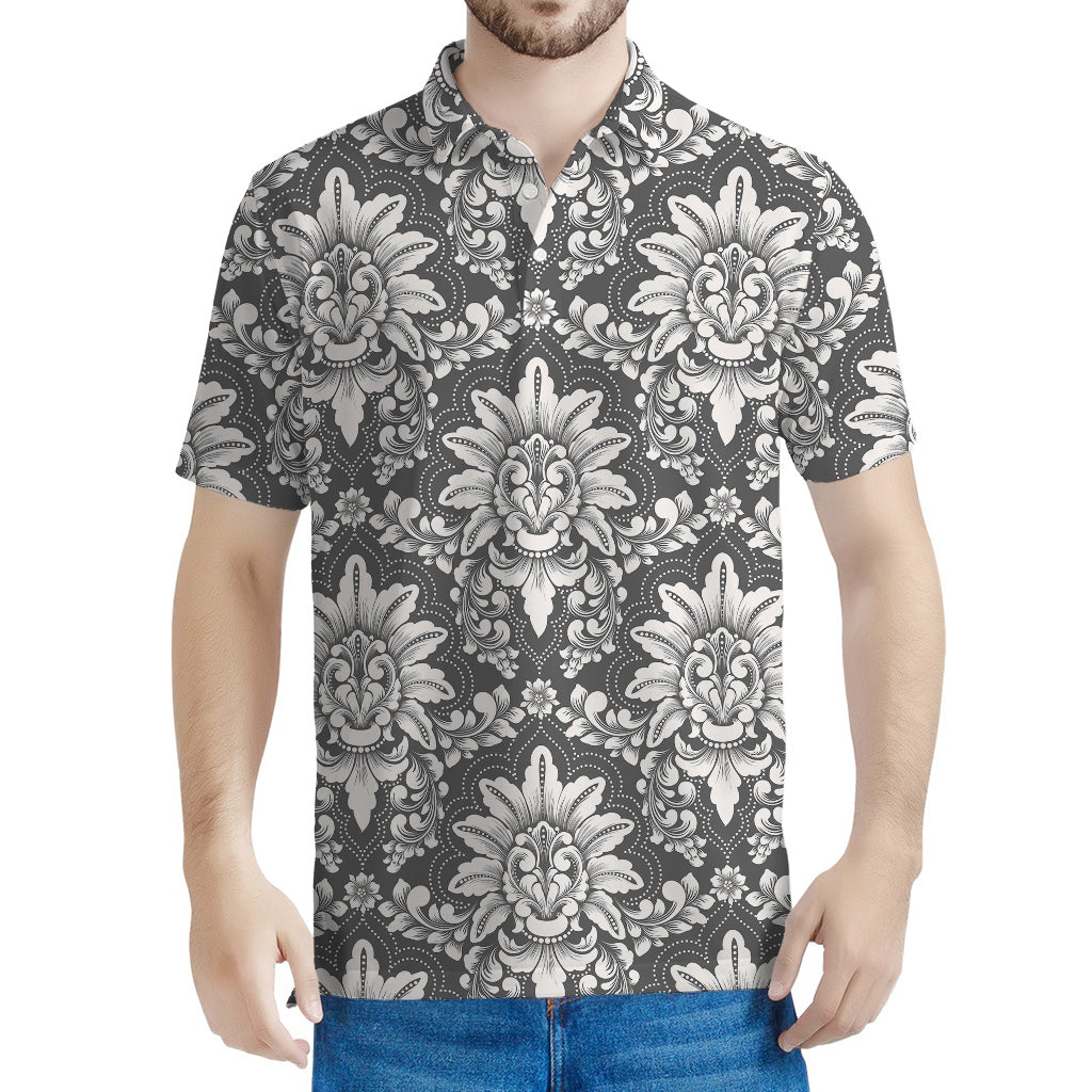Grey Damask Pattern Print Men's Polo Shirt
