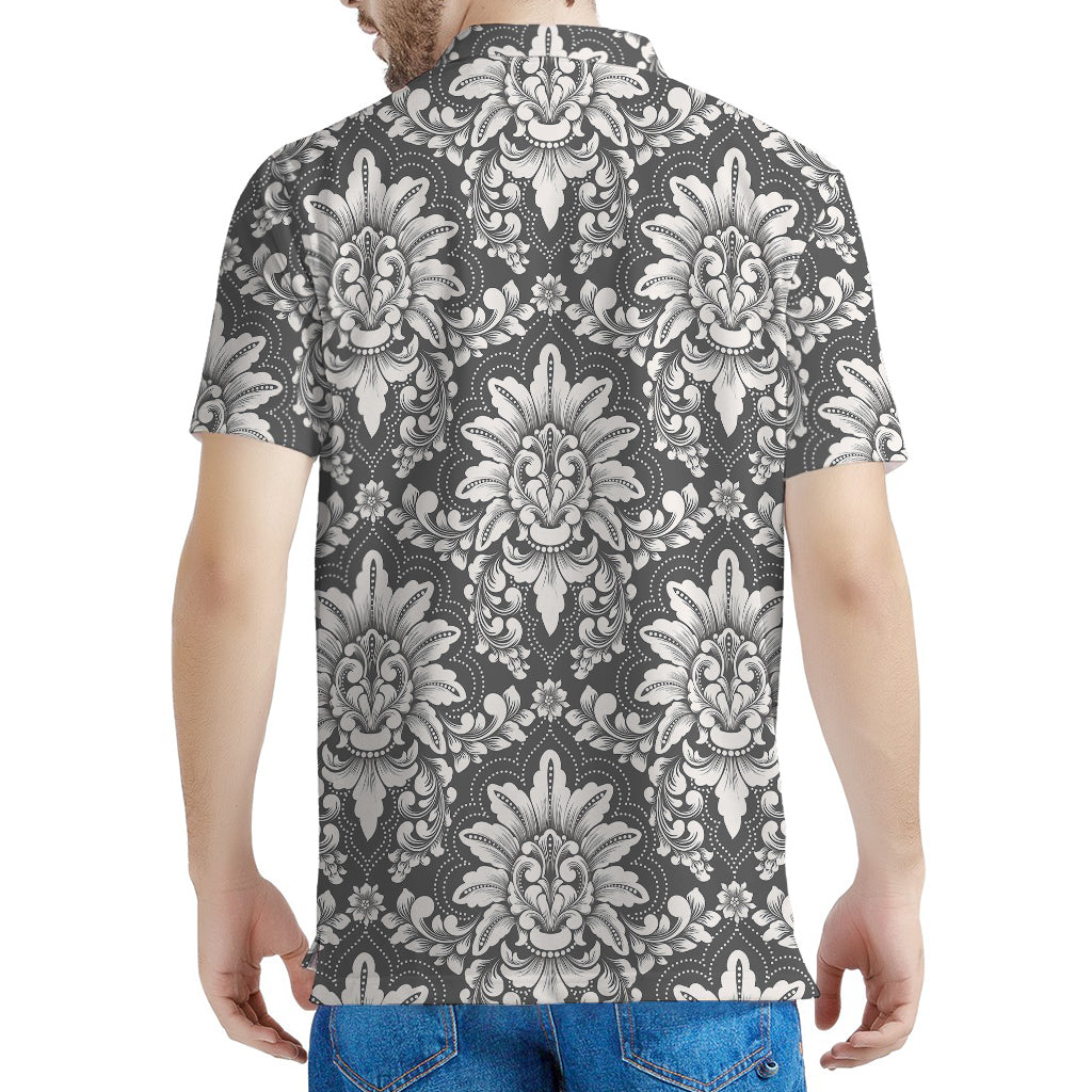 Grey Damask Pattern Print Men's Polo Shirt