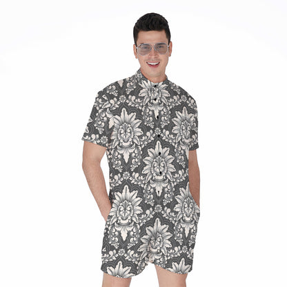 Grey Damask Pattern Print Men's Rompers