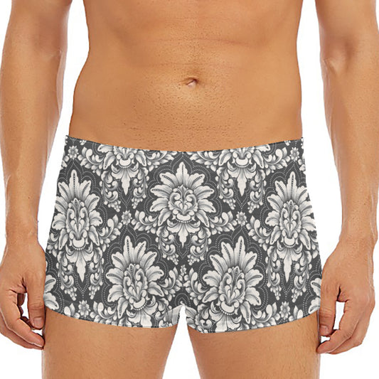 Grey Damask Pattern Print Men's Short Boxer Briefs