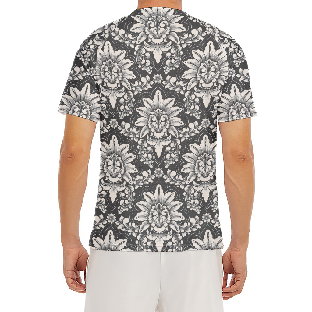 Grey Damask Pattern Print Men's Short Sleeve Rash Guard