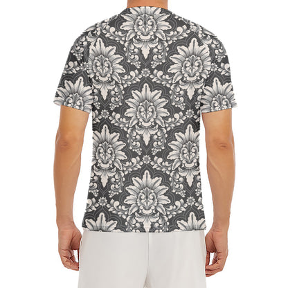 Grey Damask Pattern Print Men's Short Sleeve Rash Guard