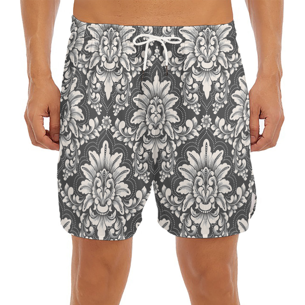 Grey Damask Pattern Print Men's Split Running Shorts