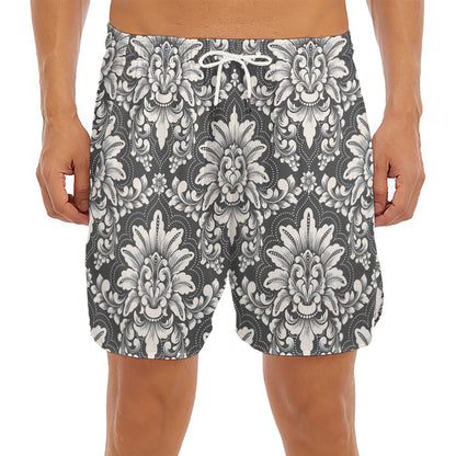 Grey Damask Pattern Print Men's Split Running Shorts