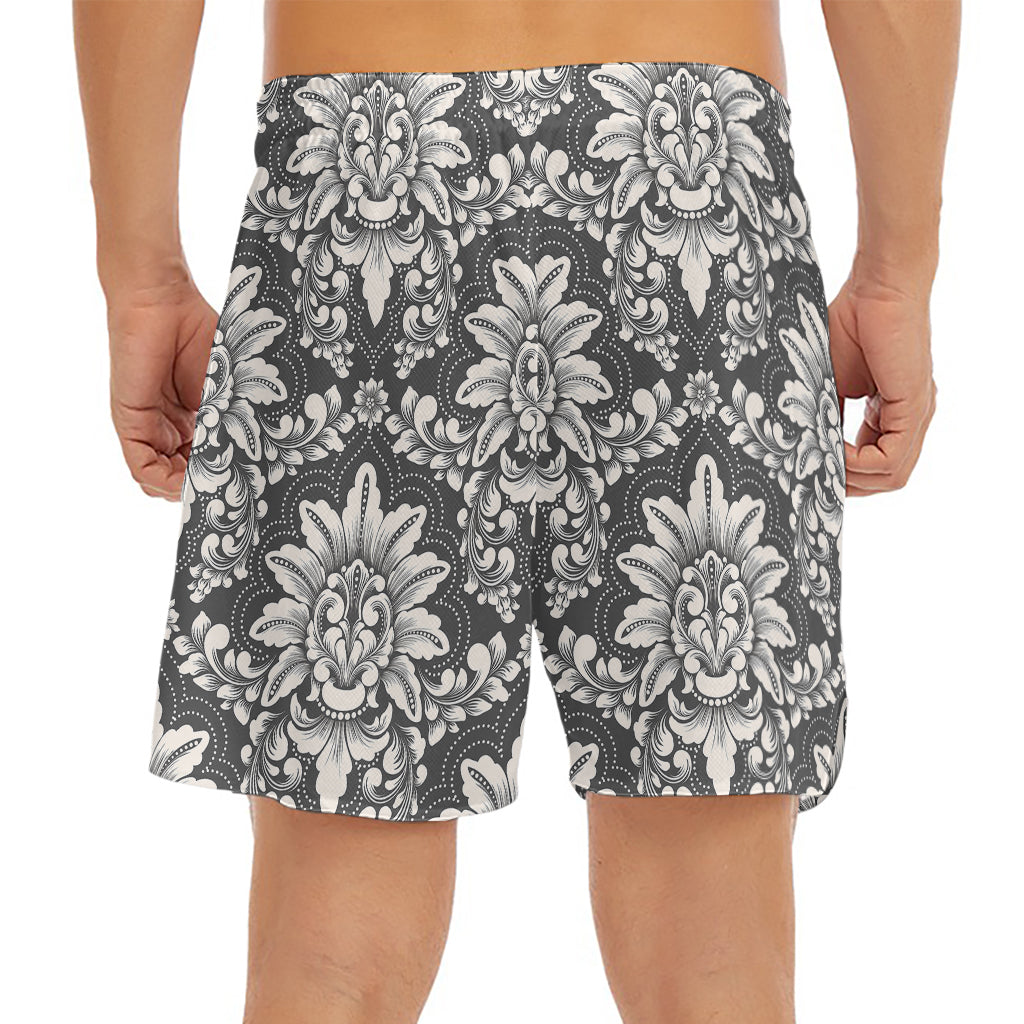 Grey Damask Pattern Print Men's Split Running Shorts