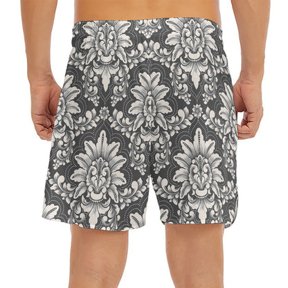 Grey Damask Pattern Print Men's Split Running Shorts