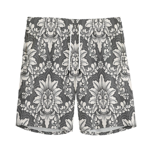 Grey Damask Pattern Print Men's Sports Shorts