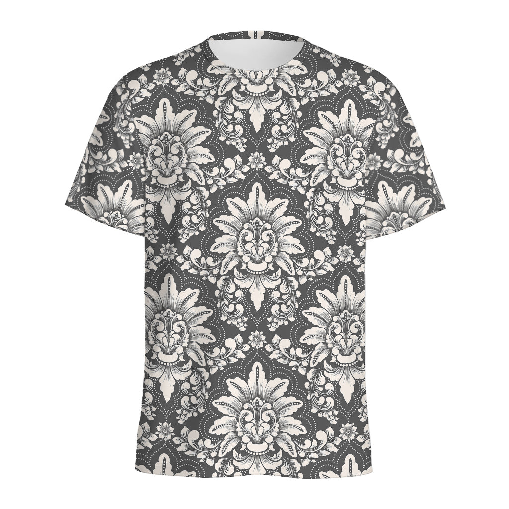Grey Damask Pattern Print Men's Sports T-Shirt