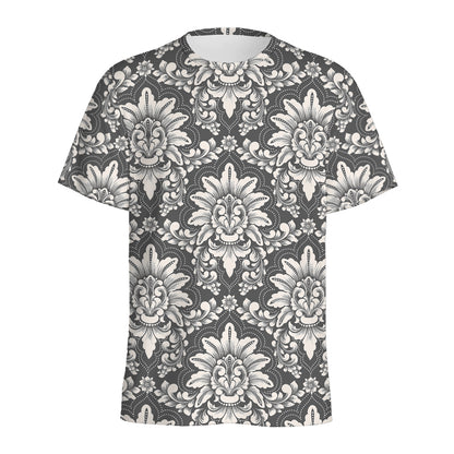 Grey Damask Pattern Print Men's Sports T-Shirt