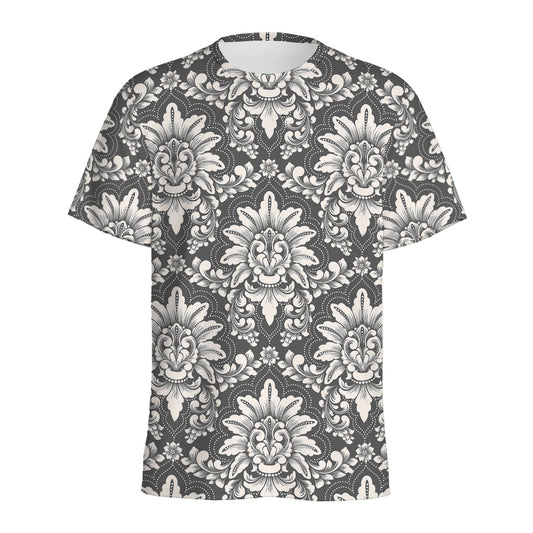 Grey Damask Pattern Print Men's Sports T-Shirt