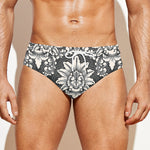 Grey Damask Pattern Print Men's Swim Briefs