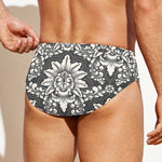 Grey Damask Pattern Print Men's Swim Briefs