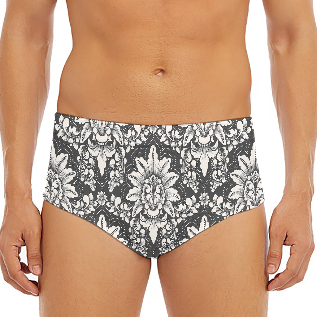 Grey Damask Pattern Print Men's Triangle Swim Briefs