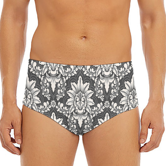 Grey Damask Pattern Print Men's Triangle Swim Briefs
