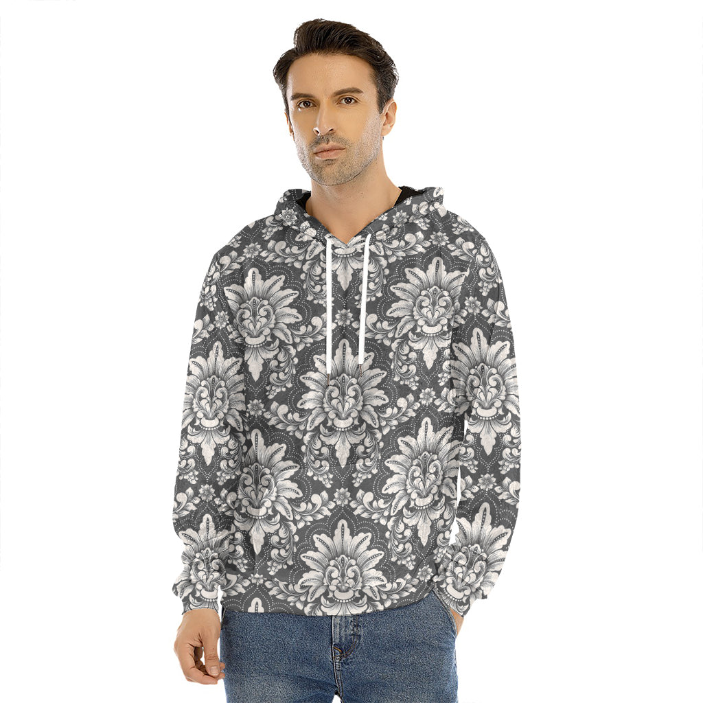 Grey Damask Pattern Print Men's Velvet Pullover Hoodie