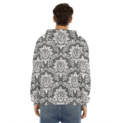 Grey Damask Pattern Print Men's Velvet Pullover Hoodie