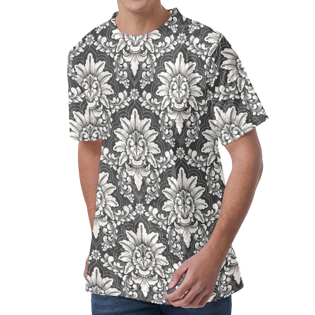 Grey Damask Pattern Print Men's Velvet T-Shirt